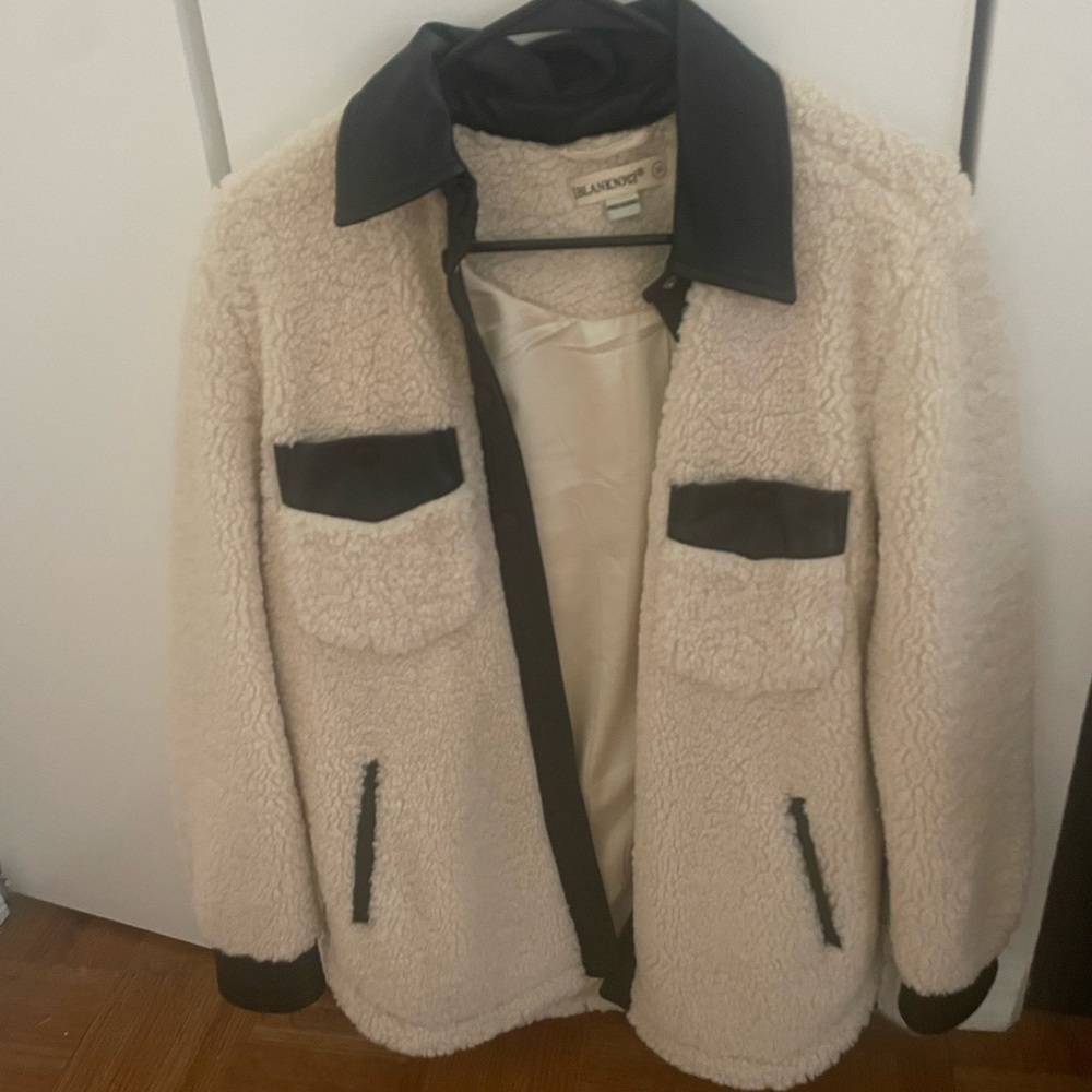 black NYC sherpa jacket with leather trim